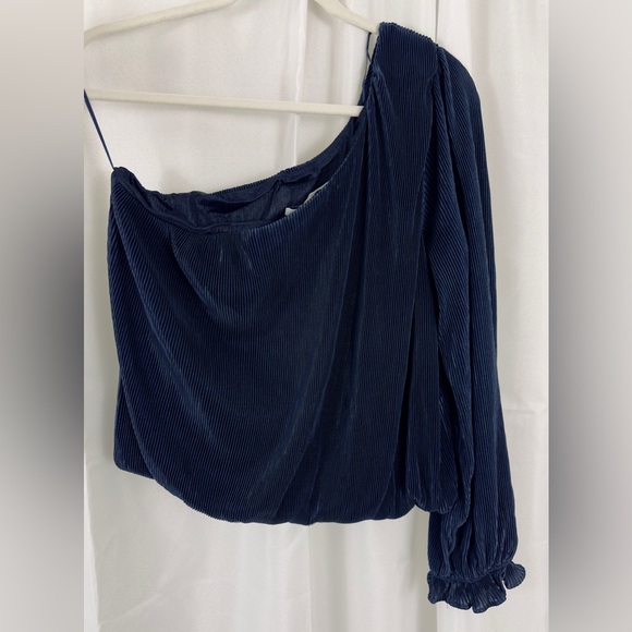 Lush Ribbed Satin One Shoulder Top Navy Blue Size XL Long Sleeve Cropped… - Picture 6 of 8